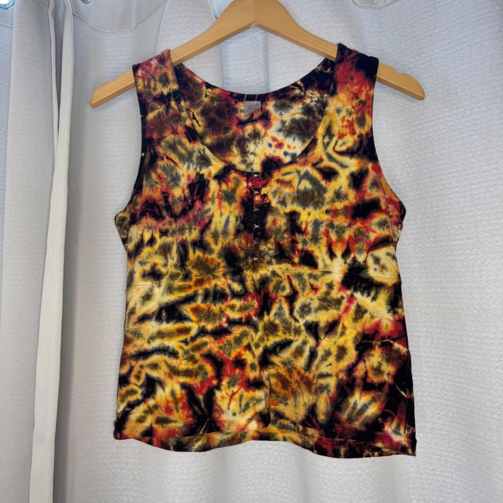 Y2K Dharma Trading Tie Dye Summer Tank Top Orange Yellow Boho Ribbed Large USA